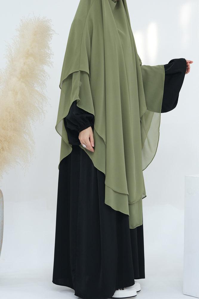 Extra Long Marziya Green two layer chiffon khimar hijab niqab for prayer omrah ramada - ANNAH HARIRI