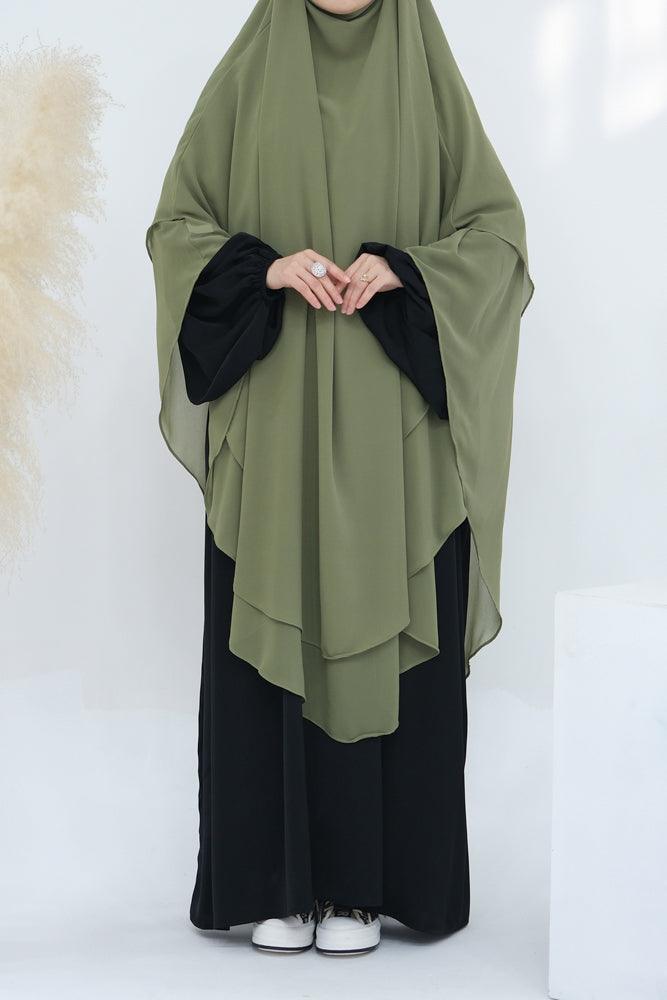 Extra Long Marziya Green two layer chiffon khimar hijab niqab for prayer omrah ramada - ANNAH HARIRI