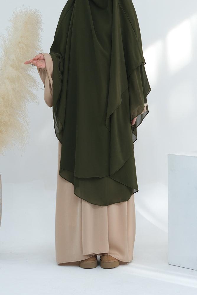 Extra Long Marziya olive green two layer chiffon khimar hijab niqab for prayer omrah ramadan - ANNAH HARIRI