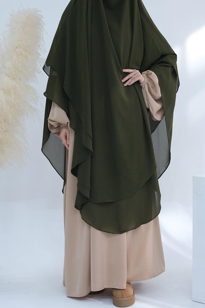 Extra Long Marziya olive green two layer chiffon khimar hijab niqab for prayer omrah ramadan - ANNAH HARIRI