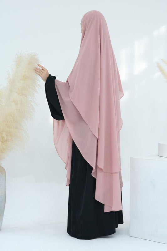 Extra Long Marziya Pink two layer chiffon khimar hijab niqab for prayer omrah ramadan - ANNAH HARIRI