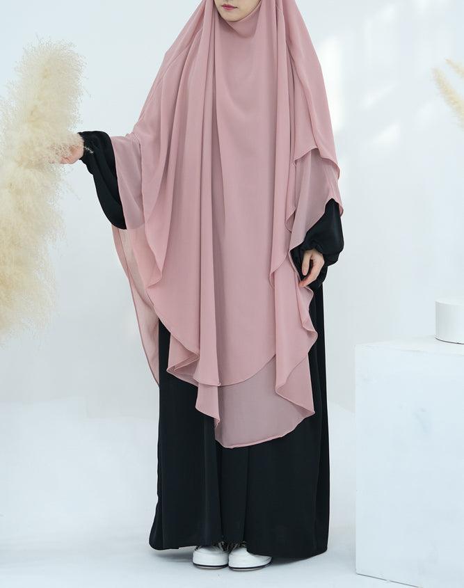 Extra Long Marziya Pink two layer chiffon khimar hijab niqab for prayer omrah ramadan - ANNAH HARIRI