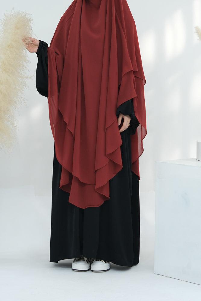 Extra Long Marziya Red two layer chiffon khimar hijab niqab for prayer omrah ramadan - ANNAH HARIRI