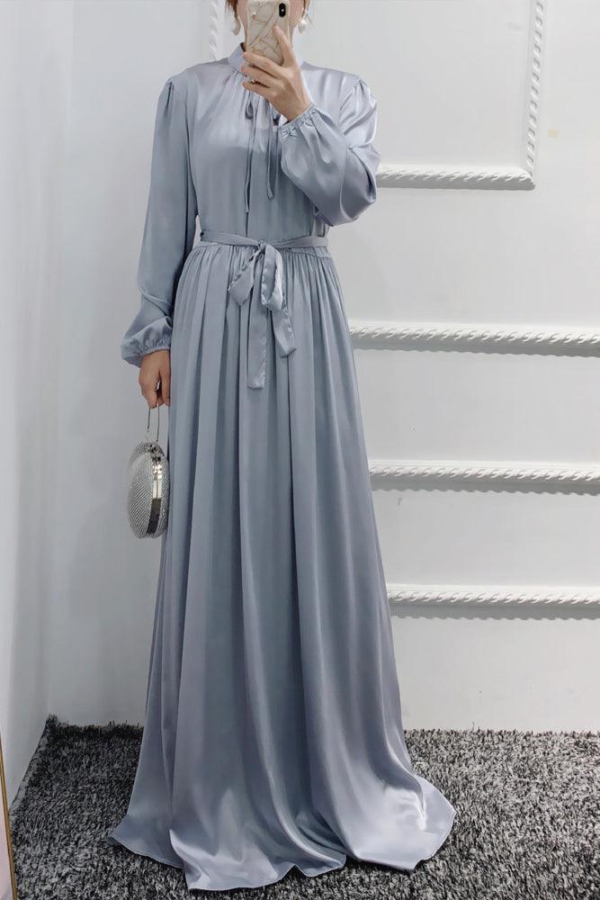 Gray Ansaara maxi satin dress with long sleeves elasticated cuffs and belt - ANNAH HARIRI