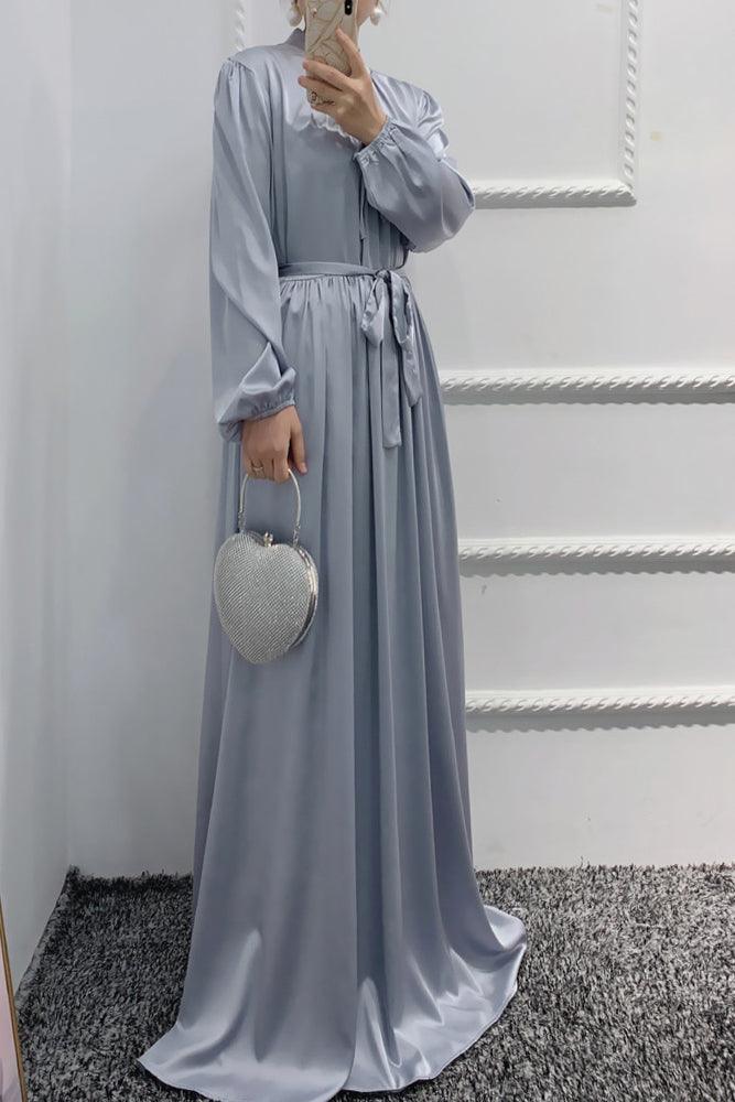 Gray Ansaara maxi satin dress with long sleeves elasticated cuffs and belt - ANNAH HARIRI