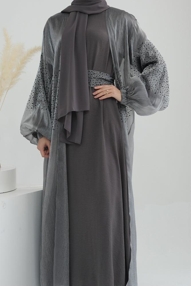 Gray Maret embroidered faux organza open front abaya with a detachable belt - ANNAH HARIRI