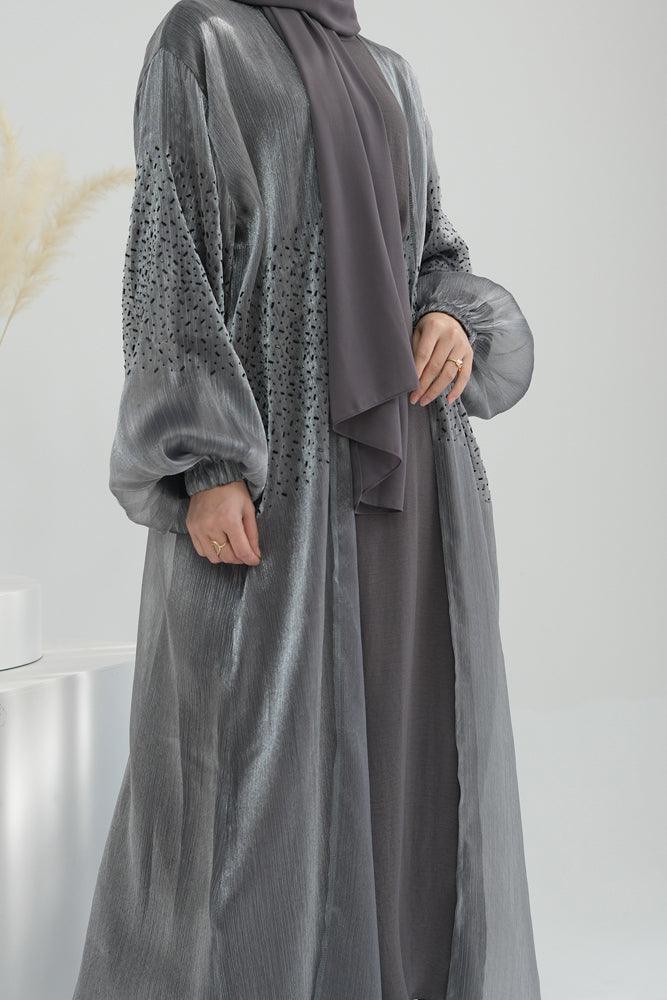Gray Maret embroidered faux organza open front abaya with a detachable belt - ANNAH HARIRI