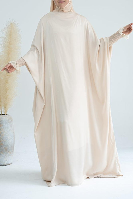 Gretaah prayer gown in khimar style with ribbed sleeve and lace cuff in Apricot - ANNAH HARIRI
