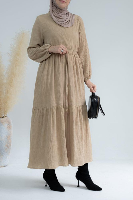 Jamila Cotton dress with string belt and bow neck tie in beige - ANNAH HARIRI