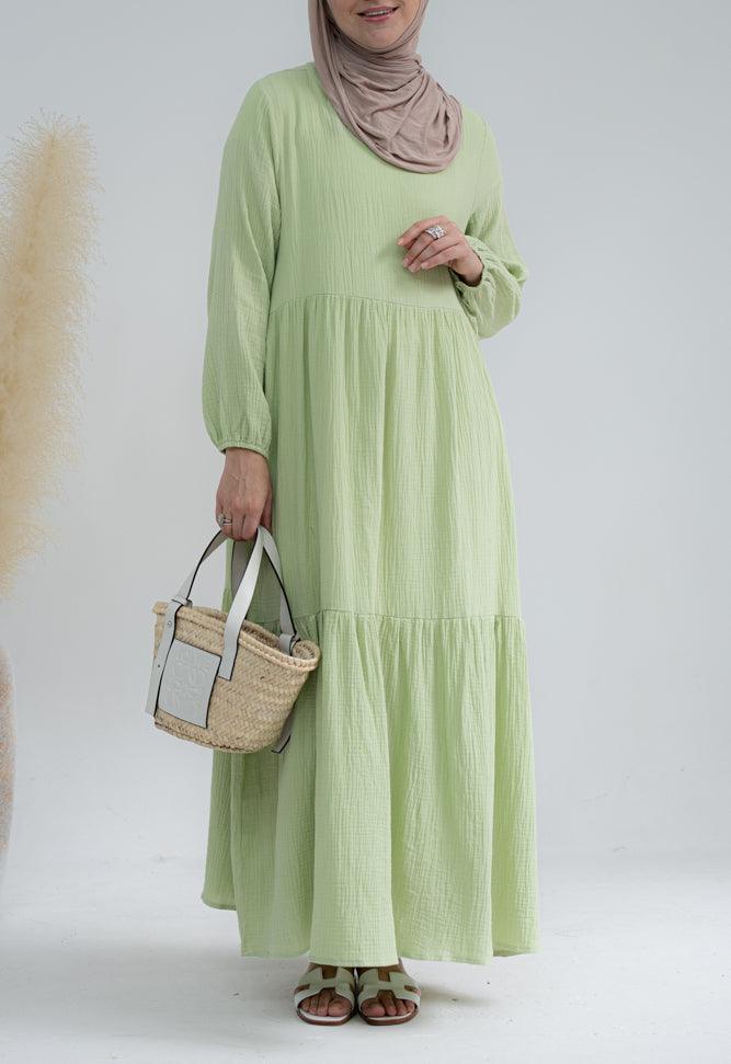 Jamila Cotton dress with string belt and bow neck tie in mint - ANNAH HARIRI