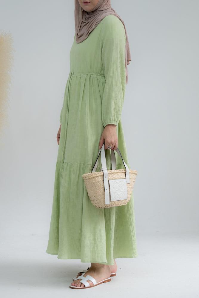 Jamila Cotton dress with string belt and bow neck tie in mint - ANNAH HARIRI