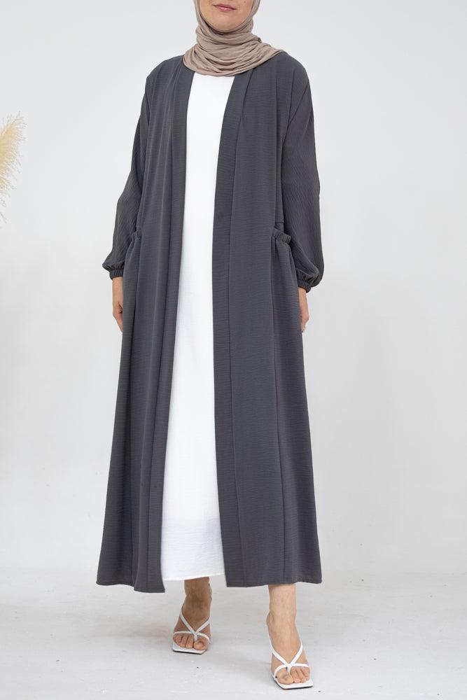 Juliyet open front abaya with pockets and detachable belt in gray color - ANNAH HARIRI