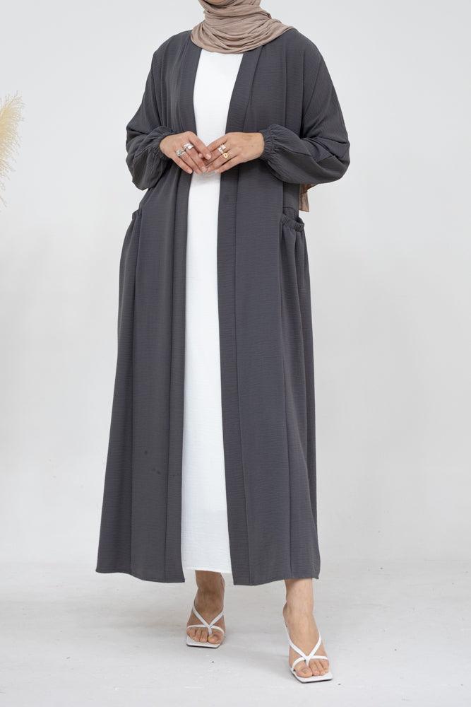 Juliyet open front abaya with pockets and detachable belt in gray color - ANNAH HARIRI