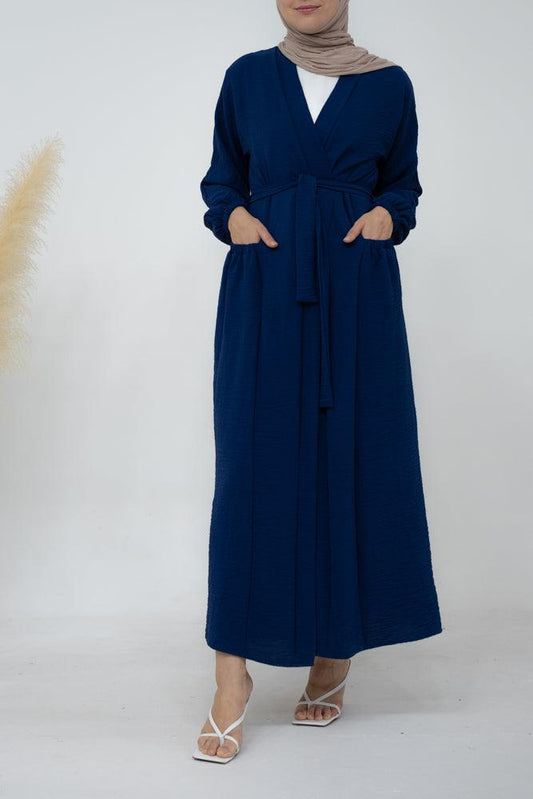 Juliyet open front abaya with pockets and detachable belt in navy color - ANNAH HARIRI
