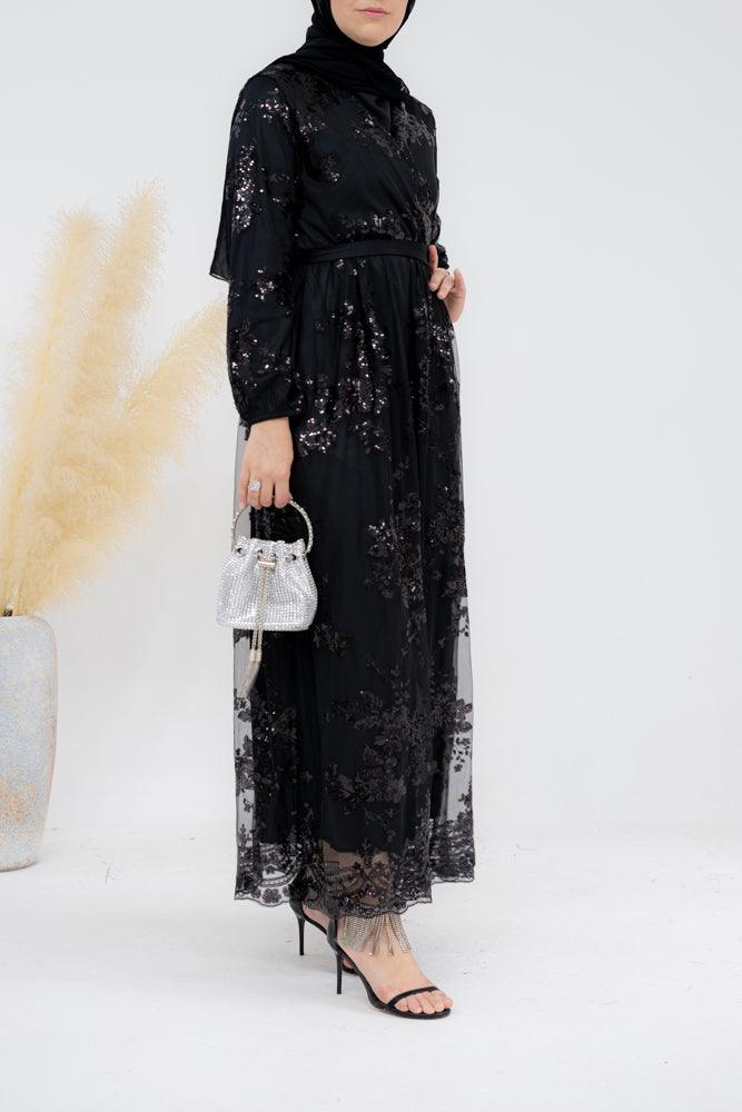 Juls long sleeve maxi tulle dress with delicate sequin in black - ANNAH HARIRI