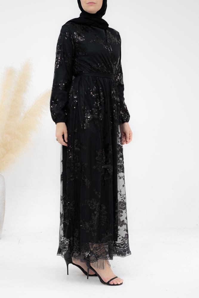 Juls long sleeve maxi tulle dress with delicate sequin in black - ANNAH HARIRI