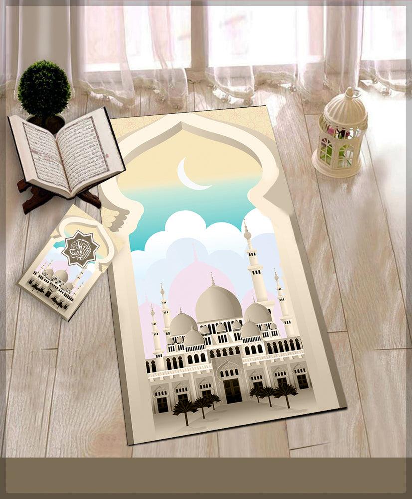 Kazka Beige Prayer Rug Muslim Mat Islamic Sajadah for Kids Men Women with Quran Box for Eid Travel Ramadan Soft Luxury Pin - ANNAH HARIRI