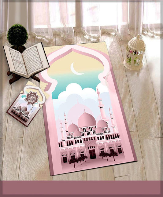 Kazka Pink Prayer Rug Muslim Mat Islamic Sajadah for Kids Men Women with Quran Box for Eid Travel Ramadan Soft Luxury Pin - ANNAH HARIRI