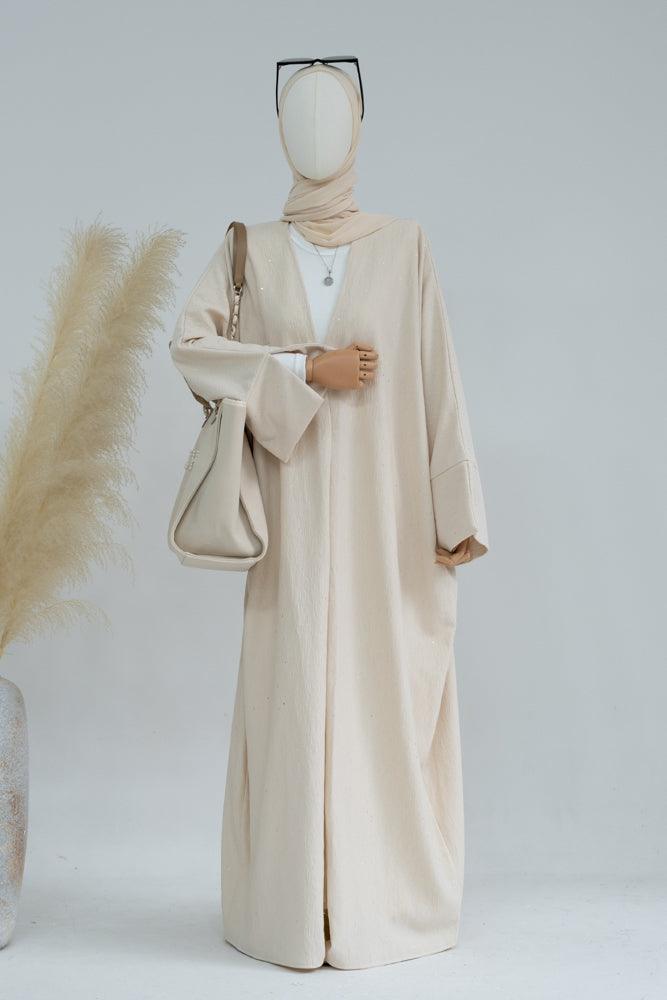Lavish winter fall abaya throwover with sparkling fabric with batwing cut in Beige - ANNAH HARIRI