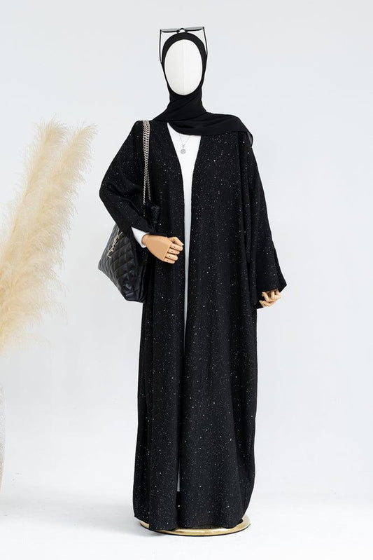 Lavish winter fall abaya throwover with sparkling fabric with batwing cut in black - ANNAH HARIRI