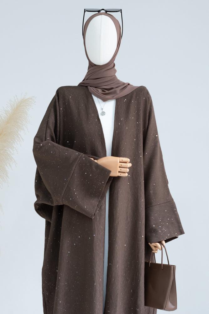 Lavish winter fall abaya throwover with sparkling fabric with batwing cut in coffee - ANNAH HARIRI