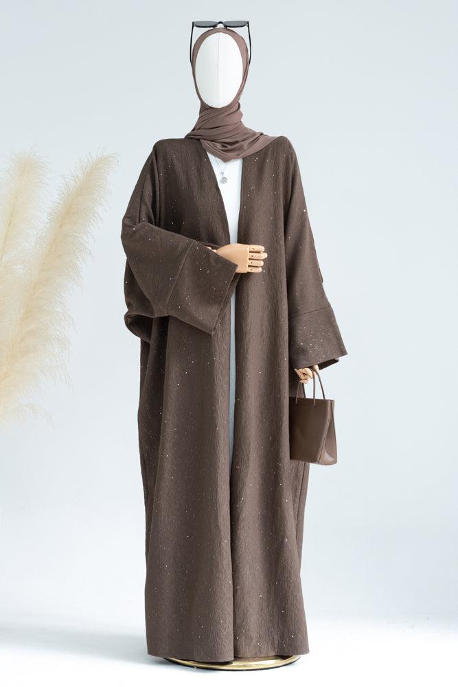 Lavish winter fall abaya throwover with sparkling fabric with batwing cut in coffee - ANNAH HARIRI