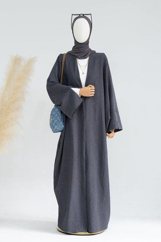Lavish winter fall abaya throwover with sparkling fabric with batwing cut in gray - ANNAH HARIRI
