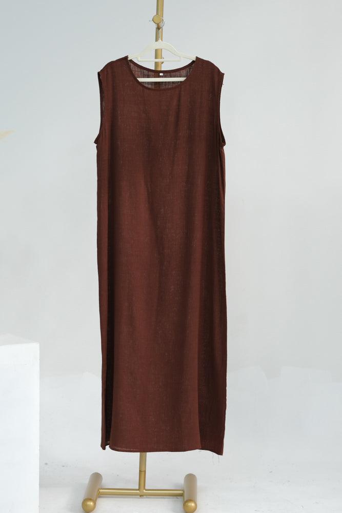 Linen slip dress maxi length sleeveless in pure natural fabric in Coffee color - ANNAH HARIRI