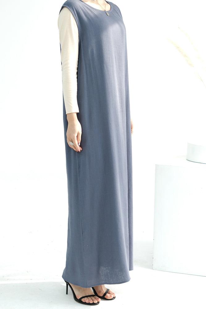 Linen slip dress maxi length sleeveless in pure natural fabric in Gray color - ANNAH HARIRI