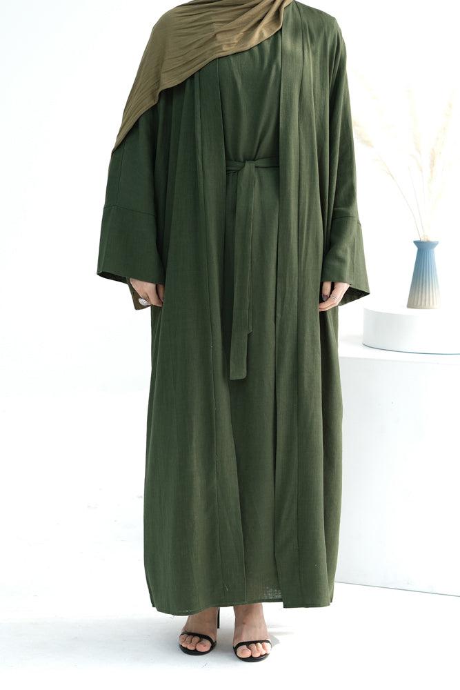 Linen slip dress maxi length sleeveless in pure natural fabric in Green color - ANNAH HARIRI