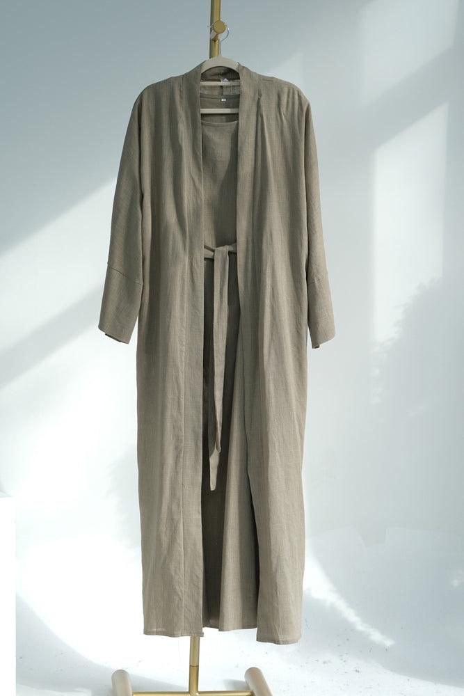 Linen slip dress maxi length sleeveless in pure natural fabric in Khaki color - ANNAH HARIRI