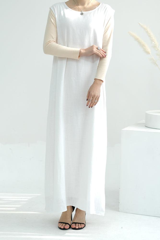 Linen slip dress maxi length sleeveless in pure natural fabric in White color - ANNAH HARIRI