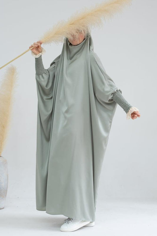 Little Gretaah prayer gown for kids in khimar style with ribbed sleeve cuff in Light green - ANNAH HARIRI