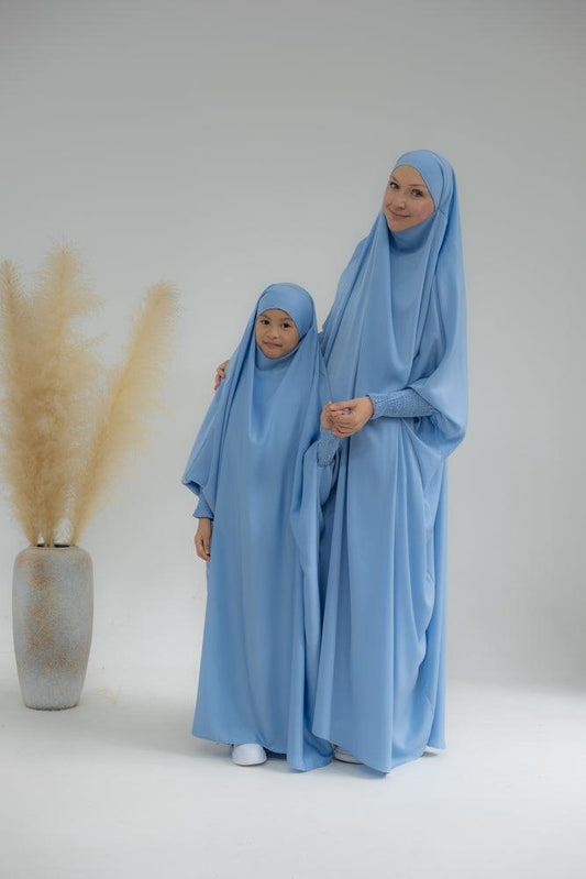 Little Gretaah prayer gown for kids in khimar style with ribbed sleeve cuff inSky Blue - ANNAH HARIRI