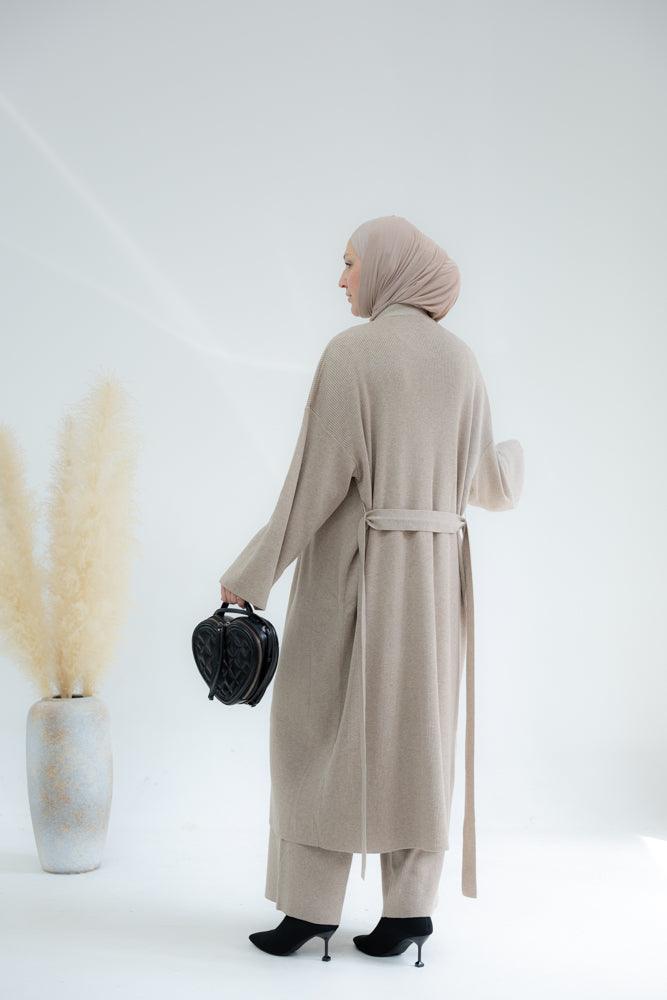 Llauraa Premium Quality Cotton Wool blend maxi cardigan and pants set in beige - ANNAH HARIRI
