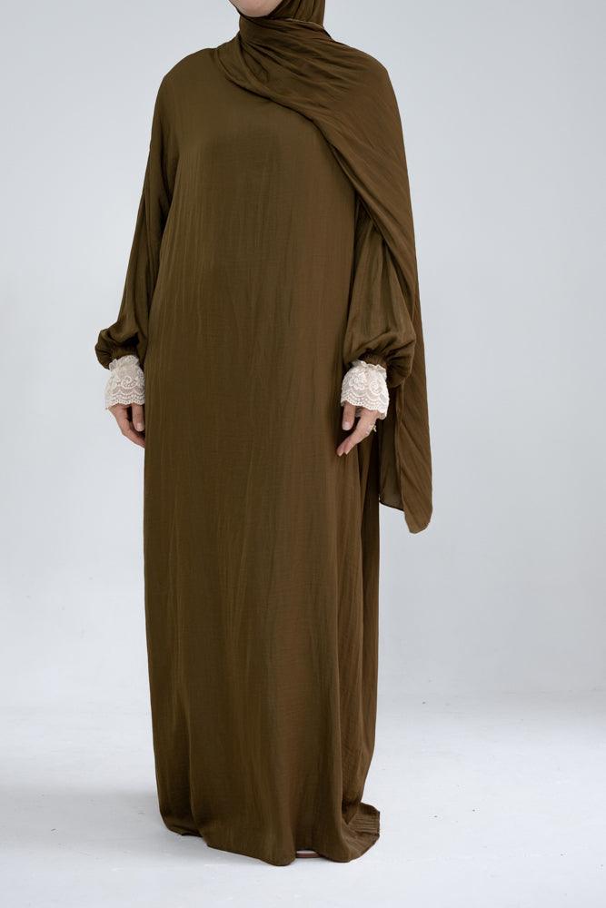 Lsenna lightest prayer gown with attached scarf and pockets in brown - ANNAH HARIRI