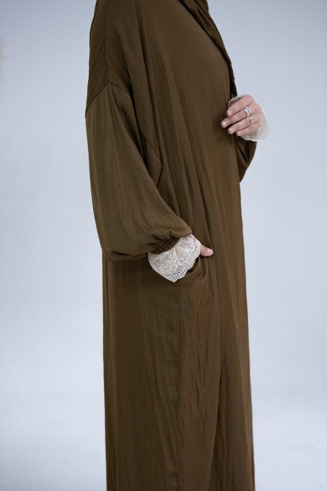 Lsenna lightest prayer gown with attached scarf and pockets in brown - ANNAH HARIRI