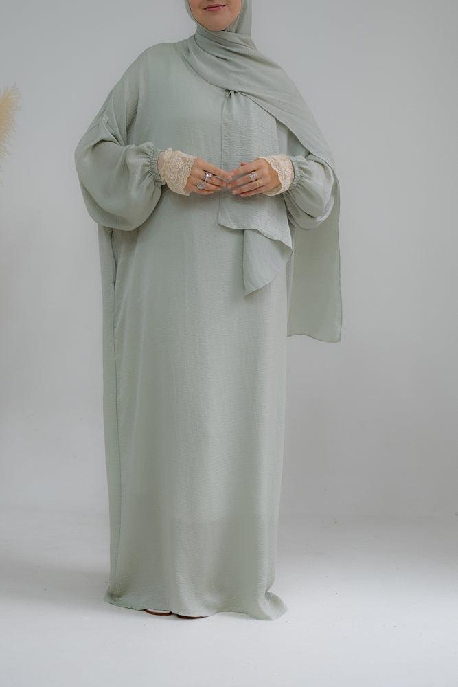 Lsenna lightest prayer gown with attached scarf and pockets in mint green - ANNAH HARIRI