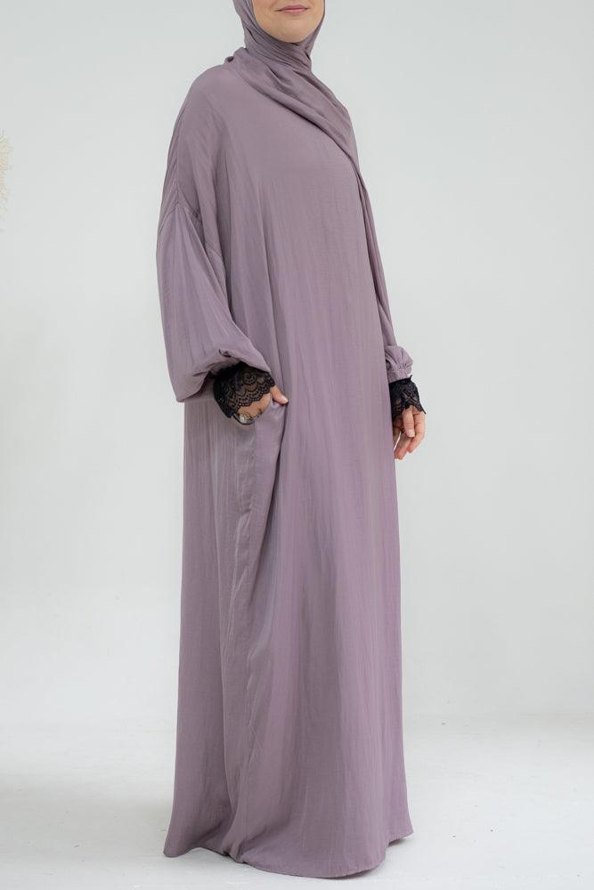 Lsenna lightest prayer gown with attached scarf and pockets in purple - ANNAH HARIRI