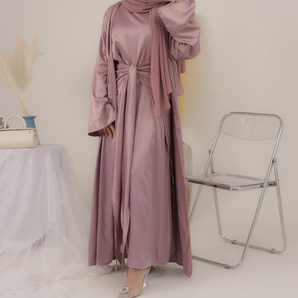 Lunamia three piece abaya with slip dress apron piece and throw over in satin fabric - ANNAH HARIRI