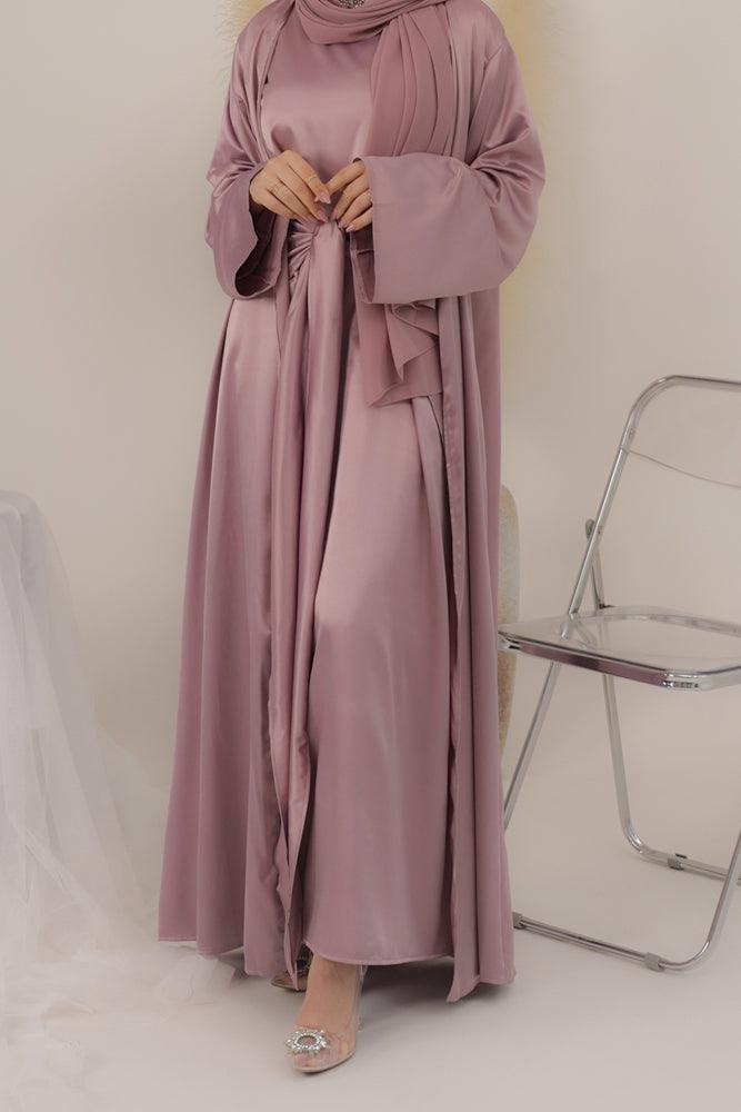 Lunamia three piece abaya with slip dress apron piece and throw over in satin fabric - ANNAH HARIRI