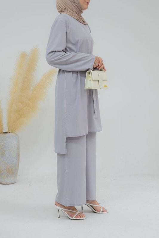 Marah set with uneven top detachable belt and palazzo pants in Grey - ANNAH HARIRI