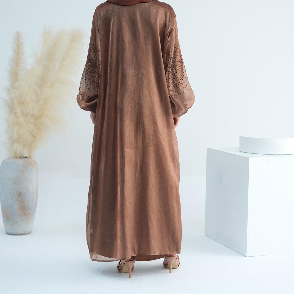 Maret embroidered faux organza open front abaya with a detachable belt - ANNAH HARIRI