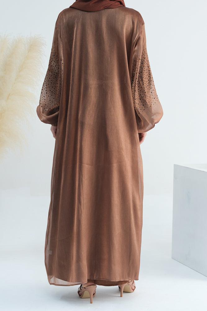 Maret embroidered faux organza open front abaya with a detachable belt - ANNAH HARIRI