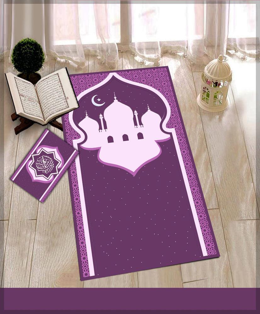 Marike Purple Prayer Rug Muslim Mat Islamic Sajadah for Kids Men Women with Quran Box for Eid Travel Ramadan Soft Luxury Pin - ANNAH HARIRI