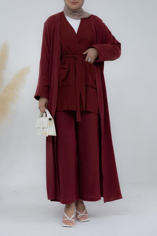 Marina Cotton throw over abaya with oversize folded sleeve in maroon - ANNAH HARIRI