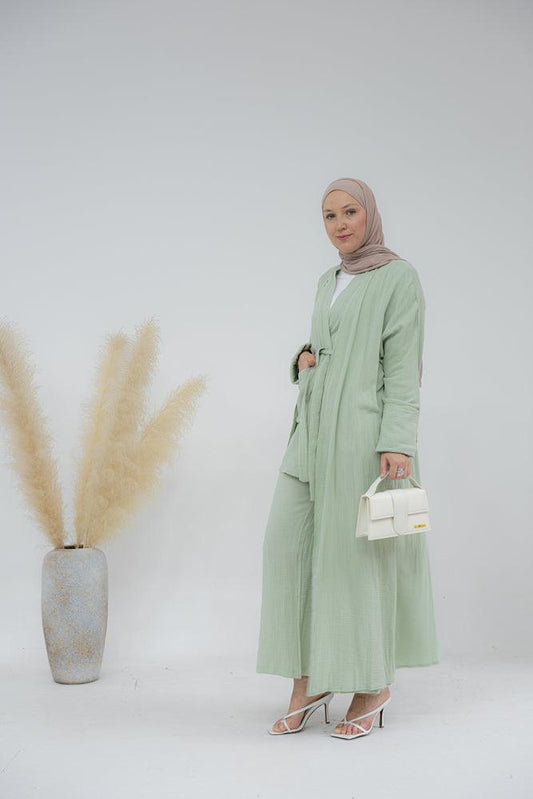 Marina Cotton throw over abaya with oversize folded sleeve in mint green - ANNAH HARIRI
