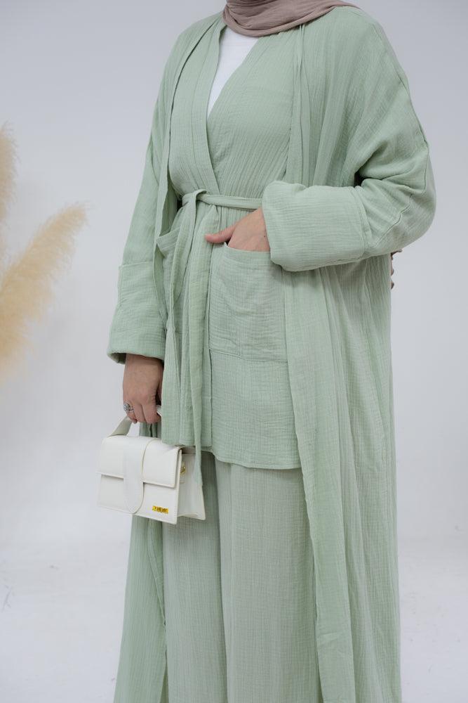 Marina Cotton throw over abaya with oversize folded sleeve in mint green - ANNAH HARIRI