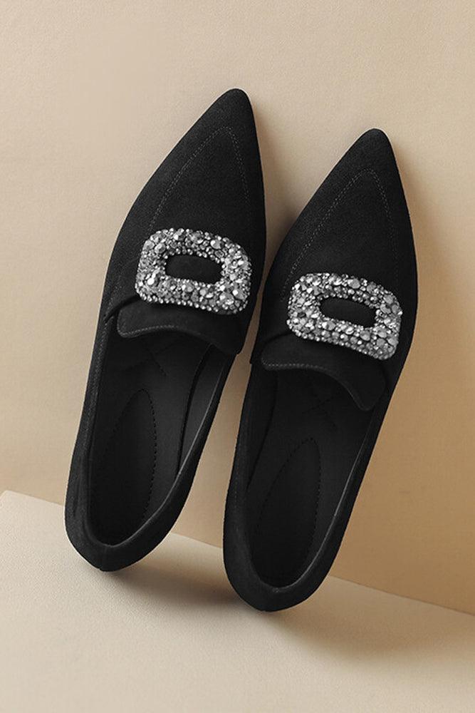 Mashunia Black Womens Classic Pointy Toe Flats Slip On Dress Flat Shoes with sparkling buckle - ANNAH HARIRI