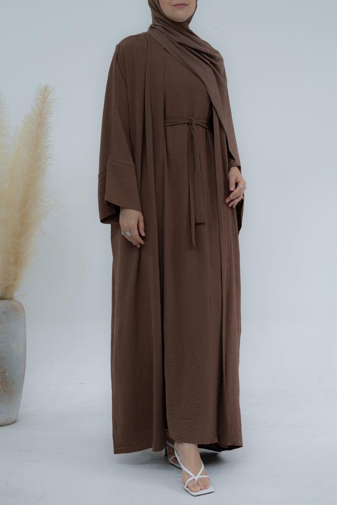 Matiar abaya three piece set with scarf and inner dress and belt in Dark Coffee - ANNAH HARIRI